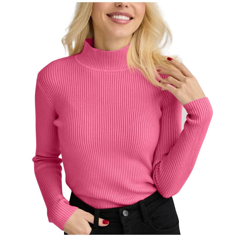 Meia gola alta feminina underlay cor sólida versátil de malha pulôver gola redonda, suéter moda casual, outono e inverno