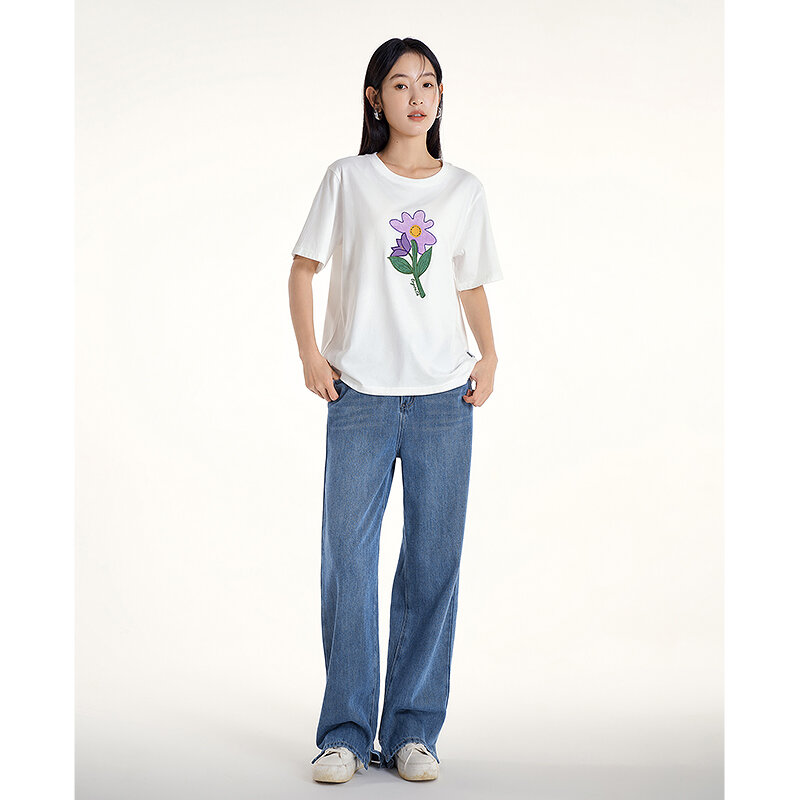 Młodzieżowa damska koszulka 2023 lato z krótkim rękawem z okrągłym dekoltem luźne t-shirty kwiatowy nadruk z czystą bawełną i wygodnymi bluzkami na co dzień