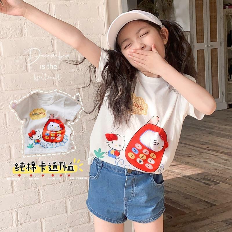 Anime Sanrioed Hello Kittys dziecko bawełniana koszulka Kawaii Kt Cat Girls modna z krótkim rękawem 3D ozdobne rysunki topy w koreańskim stylu prezent