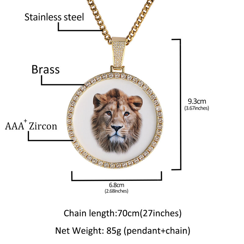 TBTK – collier avec pendentif Photo en zircone cubique, sur mesure, à dos solide, nom gravé, étiquette ronde glacée, bijoux hip hop, cadeaux