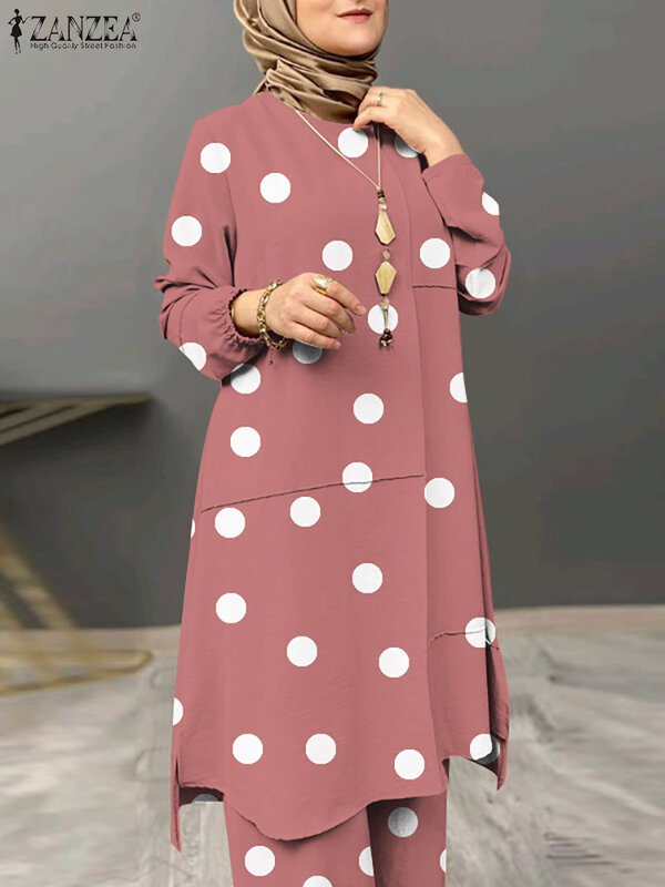 Zanzea das mulheres muçulmano outono vintage impresso define casual solto urbano agasalho turquia islâmico roupas de duas peças conjuntos outifits