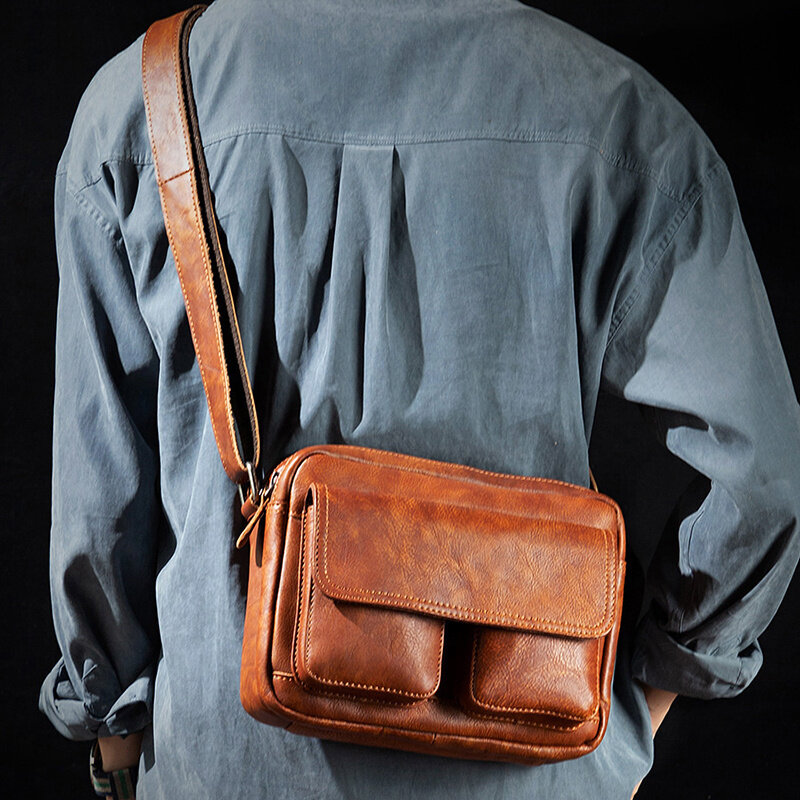 Винтажная кожаная мужская сумка через плечо, горизонтальный мессенджер из воловьей кожи с верхним слоем для Ipad 9,7 дюйма