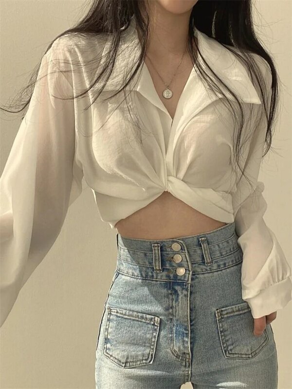Blusa feminina slim, estilo coreano, chique, casual, top curto, com cordões para trás, design de arco, manga comprida, para o verão