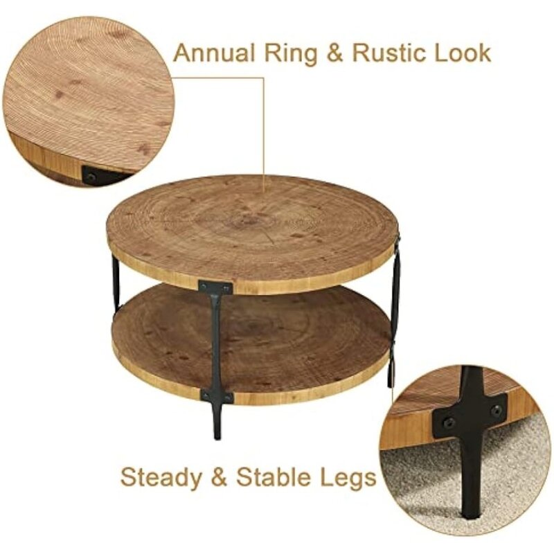 Tavolino da caffè in legno-31.5 "mobili da soggiorno a 2 livelli in legno naturale a cerchio naturale, colore legno naturale,