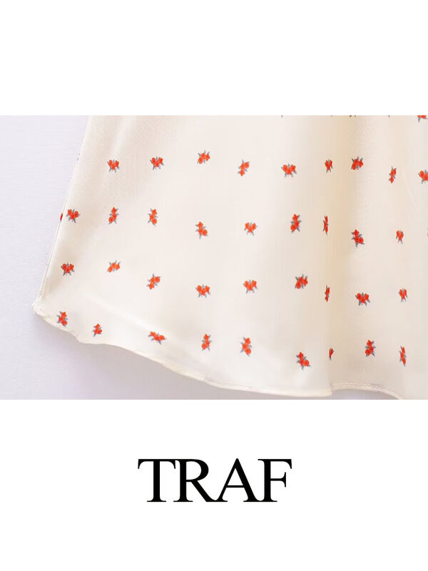 TRAF-Mini-vestido feminino sem encosto com cadarço, vestido fino feminino, estampa casual, sem mangas, gola quadrada, nova moda, verão
