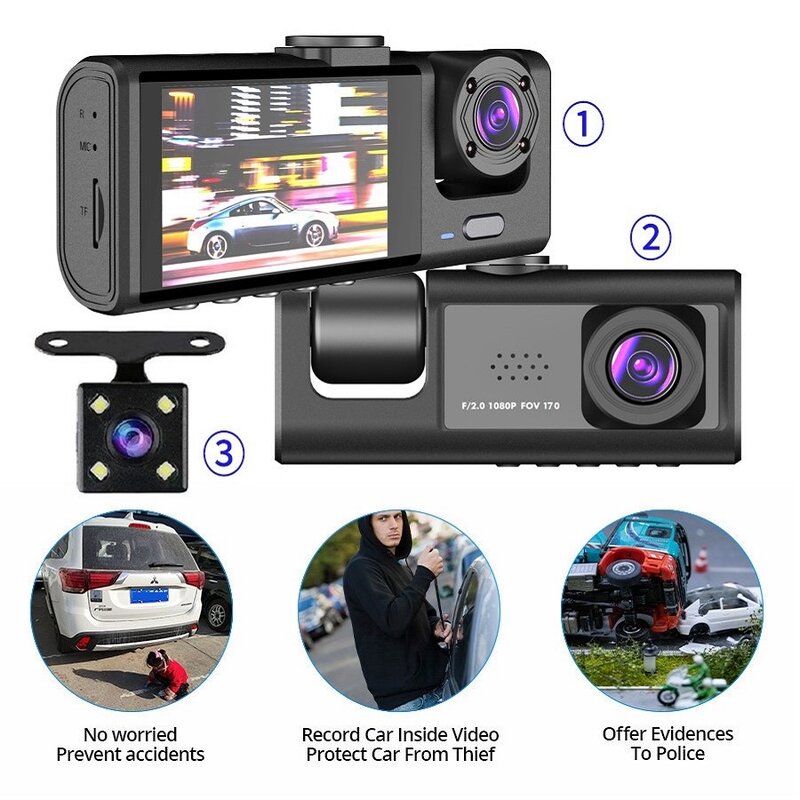 Câmera Dash para Carro, 3 Canais Dash Cam, 1080P, FHD, Caixa Preta, Gravador de Vídeo, Super IR, Visão Noturna, Monitor de Estacionamento 24H