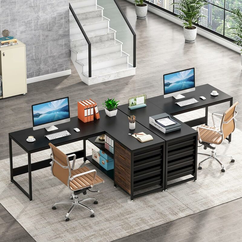 Tribeigns meja komputer berbentuk L dengan laci penyimpanan, meja sudut 59 inci dengan rak, meja belajar meja kantor berbentuk L dapat dibalik