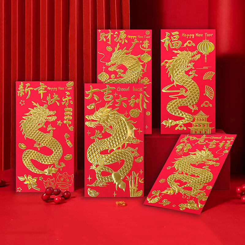 ซองแดงจีน Hongbao 6ชิ้นกระเป๋าเงินนำโชคกล่องของขวัญสำหรับปีใหม่2024เทศกาลฤดูใบไม้ผลิของขวัญเด็ก