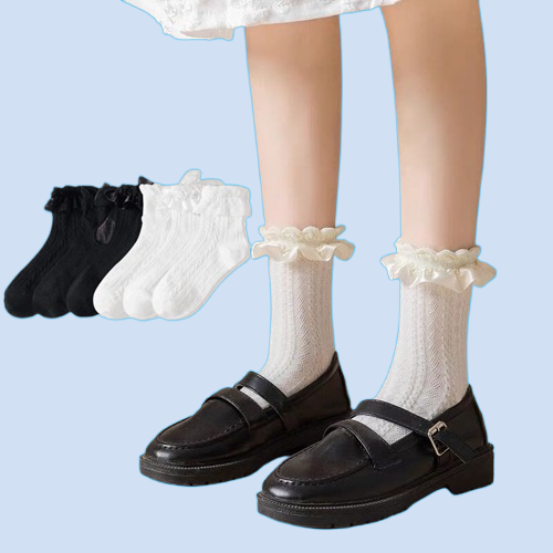 Kaus kaki wanita 6 pasang, kaus kaki wanita manis dan imut, kaus kaki kerut, kaus kaki renda Lolita, hitam putih, Solid, musim panas