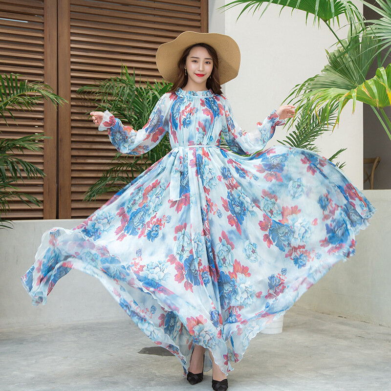 2024 Spring/Summer New Slimming Chiffon Long Sleeved Dress with Luxury Print 8 Meter Large Swing Skirt Vacation Style Beach