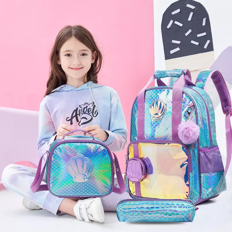 Zaino BIKAB per ragazze borsa da scuola arcobaleno e stella con Set di scatole per il pranzo per Bookbag con paillettes glitterate per l'asilo per ragazze