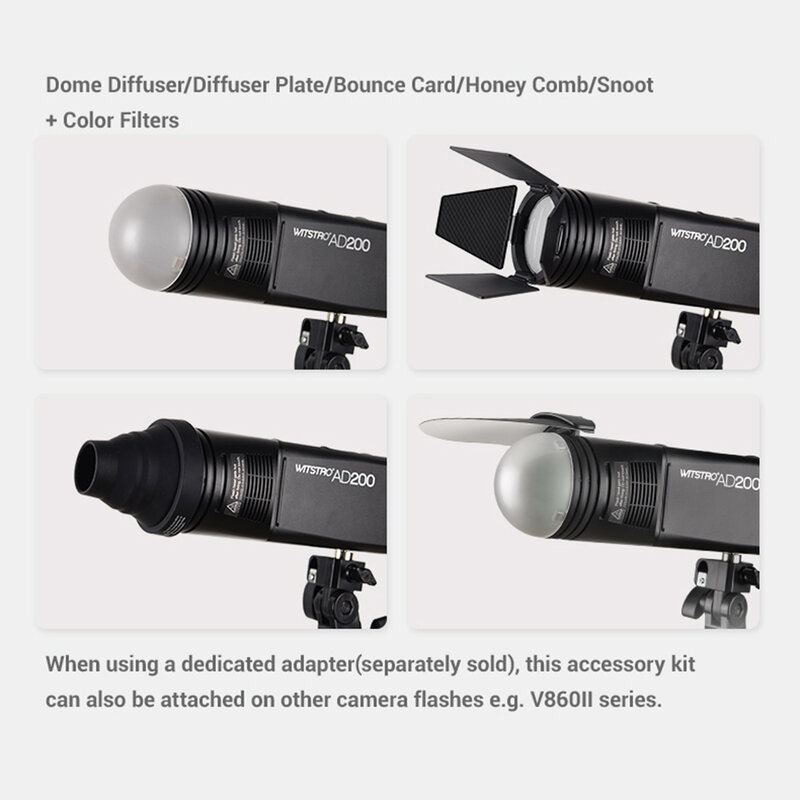 New AK-R1 Barn Door, Snoot, Color Filter, Reflector, Honeycomb, Diffuser Ball Kits for Godox AD200 H200R V1 Round Flash Head