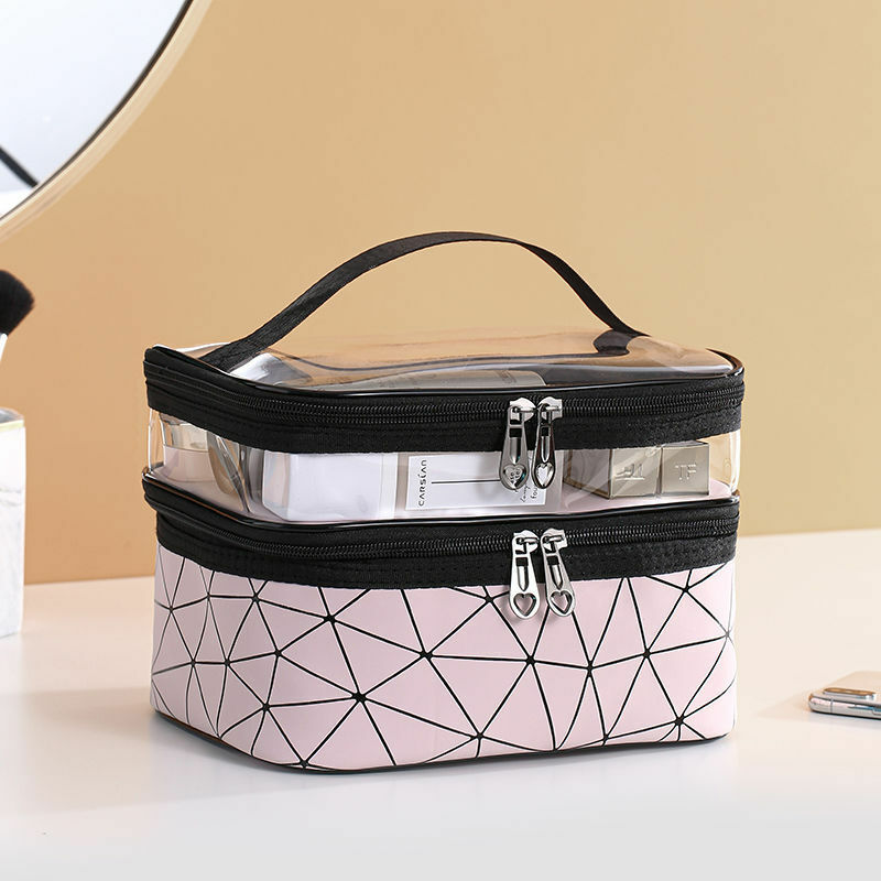Bolsa de cosméticos de doble capa, caja de celosía portátil para maquillaje femenino, bolsa de almacenamiento multifuncional, caja de maquillaje