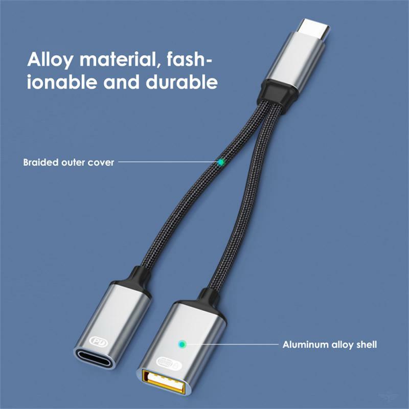 Adaptador de cabo USB C OTG, 2 em 1, tipo-C macho para USB-C fêmea, 30W PD, carregamento rápido com divisor USB, adaptador para laptop, telefone