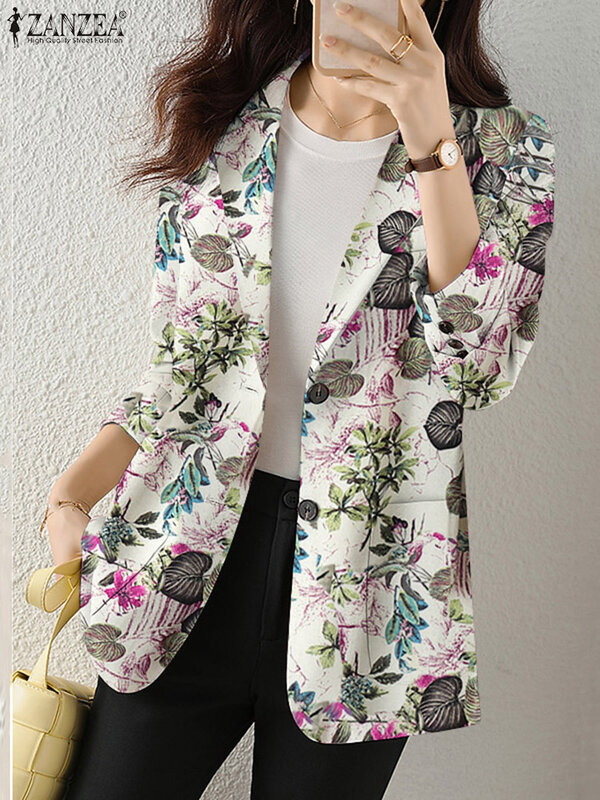 ZANZEA-Chaqueta con estampado Retro para mujer, abrigo informal de manga larga con estampado Floral, con solapa y un solo botón, talla grande, para otoño