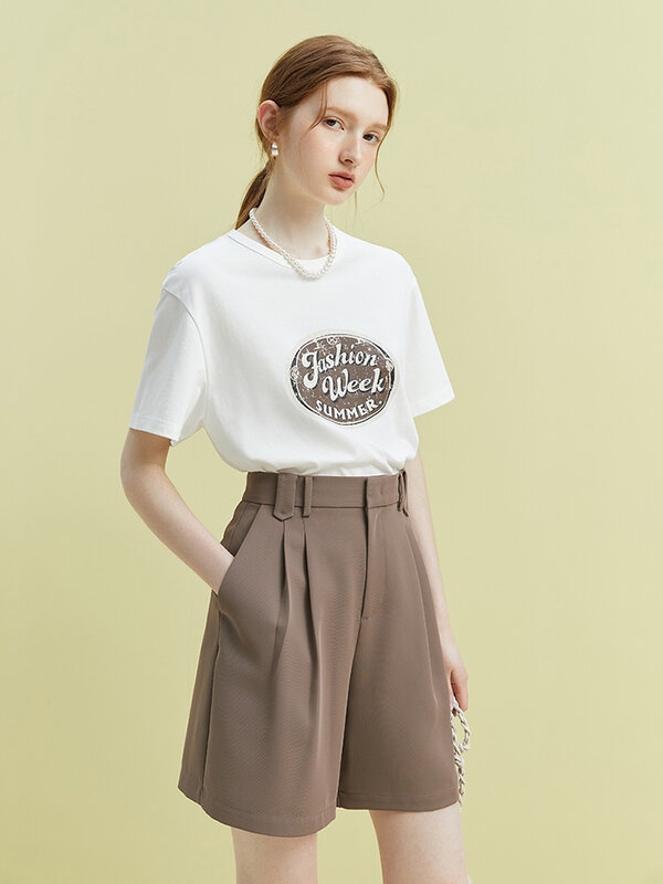 FSLE-pantalones cortos de cintura alta para mujer, Shorts de sarga con diseño plisado, holgados, para ir a la Oficina, verano, 2023