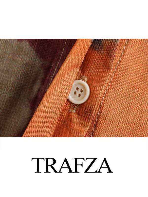 TRAFZA Spring Fashion Lapel Chic Hidden Button Top Women's Nine-quarter Sleeve Loose Shirt Women's Retro Casual Printed Shirt