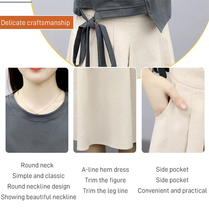 SKIETU Women's korean two piece loose skirt  Two-Piece Set Women's Wide Skirt Plain Color Short Sleeve