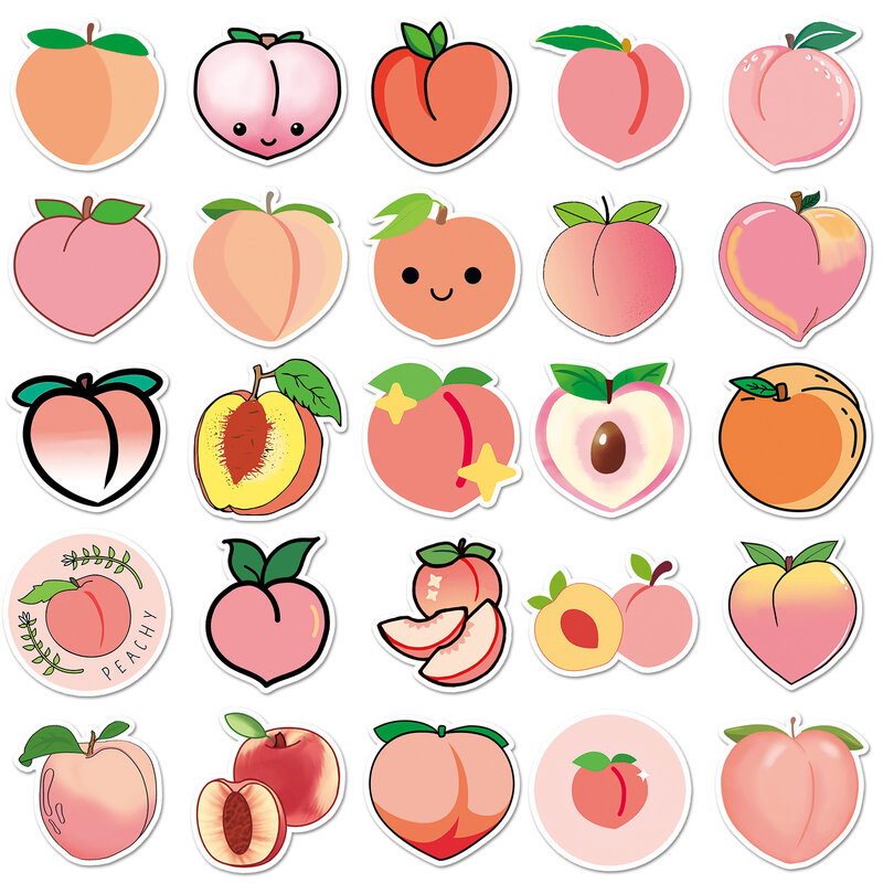 Desenhos animados Peach Fruit Sticker, Graffiti Mobile Phone, Capacete, Motocicleta, Guitarra, DIY Wall Sticker, Decoração de brinquedos, Atacado, 10 Pcs, 30 Pcs, 50Pcs