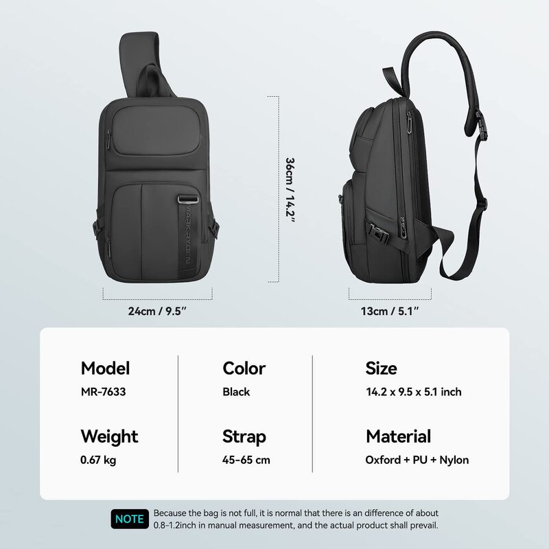 Mochila Sling para homens, bolsa de ombro impermeável com porta de carregamento USB e alça ajustável, suporta 9.7 Polegada ipad