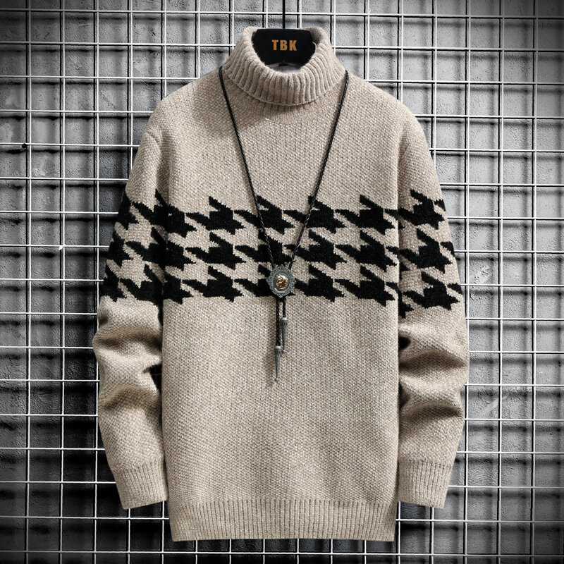 Sweater Turtleneck Baru 2022 Pria Harajuku Slim Fashion Pullover Rajutan Hangat Sweater Turtleneck Rajut Gambar Cetak Pria Streetwear Pria