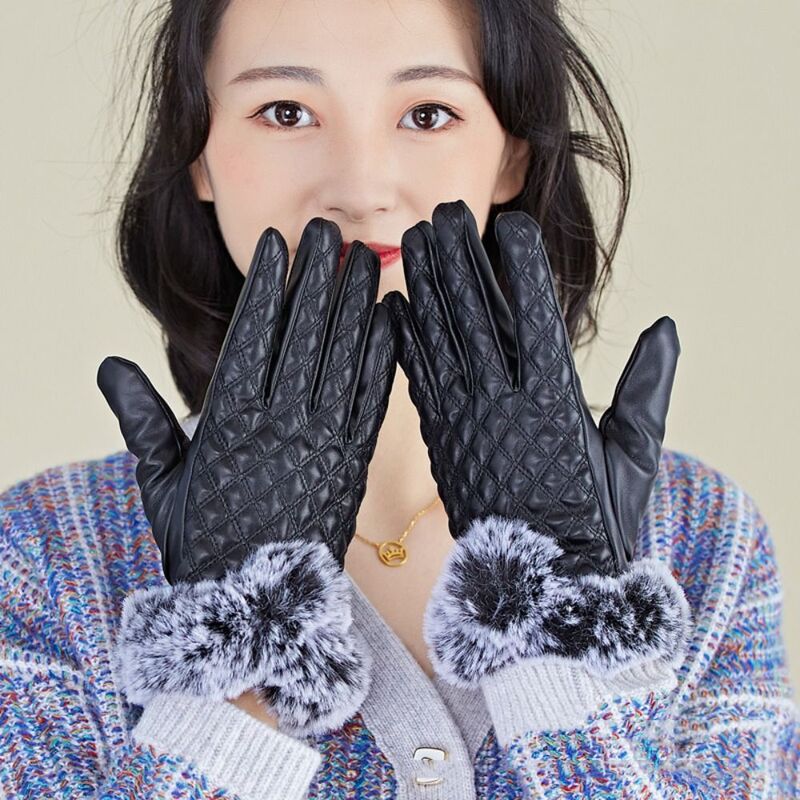 Sarung tangan kulit imitasi wanita, sarung tangan kulit PU bulu palsu tahan air tahan angin warna hitam ungu merah tebal hangat