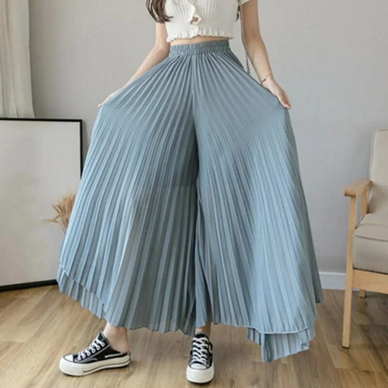 Женские широкие плиссированные брюки, эластичные шифоновые брюки с высокой талией, летние свободные однотонные повседневные брюки, уличная одежда