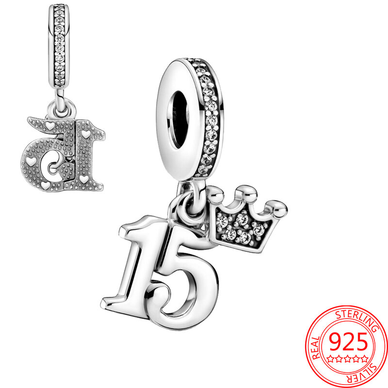 Colgante de corona de Plata de Ley 925 para niña, accesorio clásico para pulsera Pandora, regalo de joyería fina, 15 ° cumpleaños