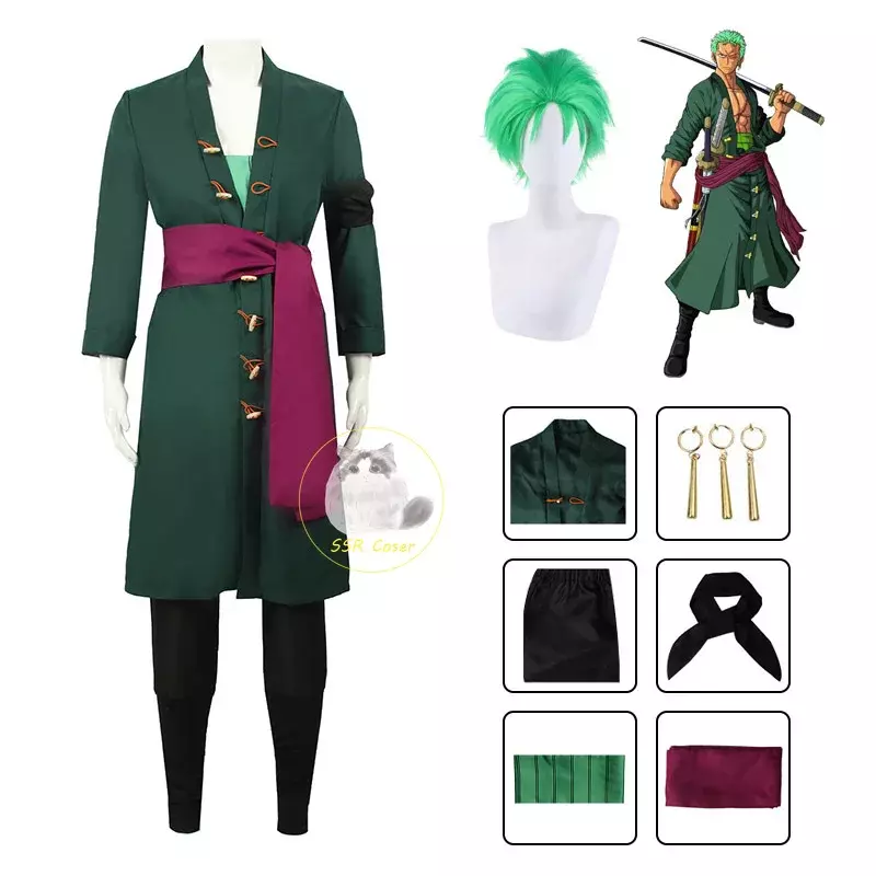 애니메이션 로로노아 조로 코스프레 유니폼, 녹색 코트, 벨트 바지, 머리 스카프, 가발 귀걸이, 할로윈 남성 의류