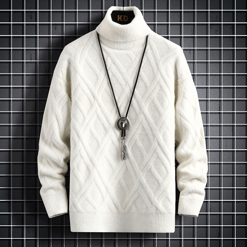 Zagęszczony ciepły sweter na szyję/wysokiej jakości męski zimowy jednolity kolor Slim Casual jednokolorowy diamentowy czek dziergany sweter