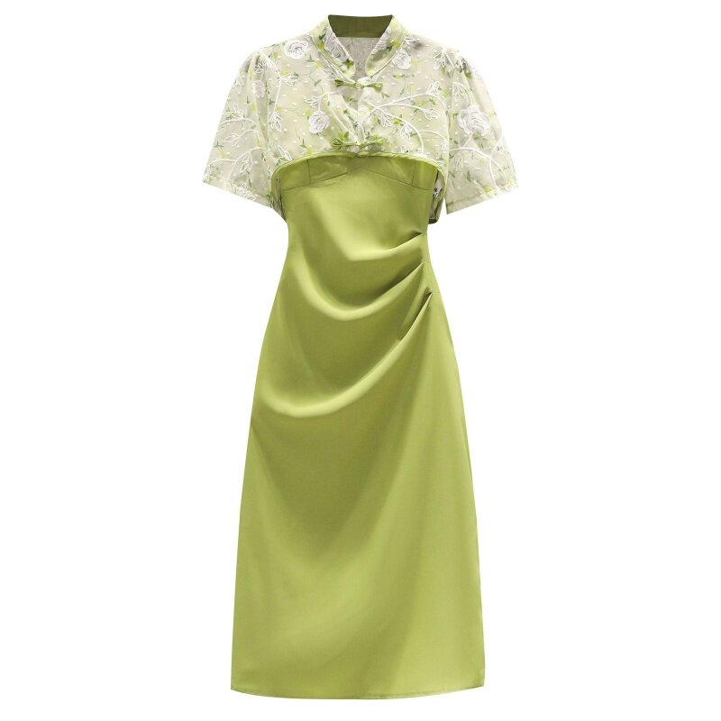 Duży rozmiar ulepszona qipao sukienka damska letnia sukienka na szelkach z rozcięciem koszula ogromny wyszczuplający Temperament dwuczęściowy zestaw