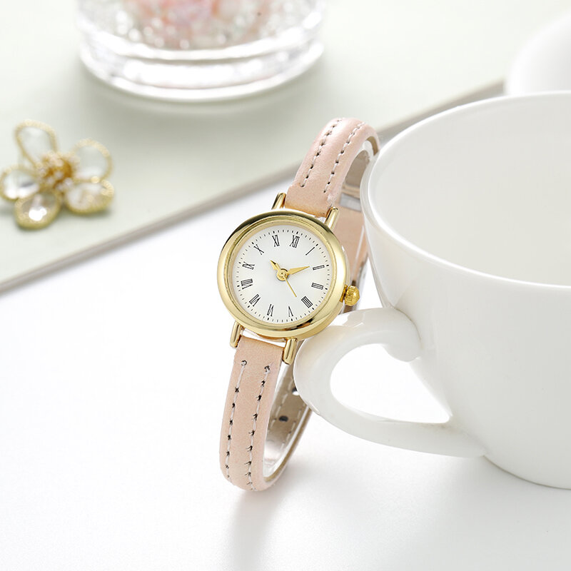 2023 심플한 여성용 시계, 작은 라운드 소녀 벨트 시계, 쿼츠 손목시계, 여성용 시계 선물