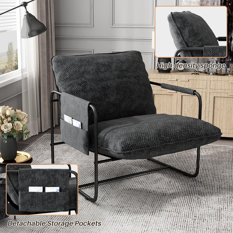 Chair Set of 2,Metal Framed Armchair with Removable Storage Bag, Upholstered Living Room Chairs,Black Lounge Chair，Easy Assembly