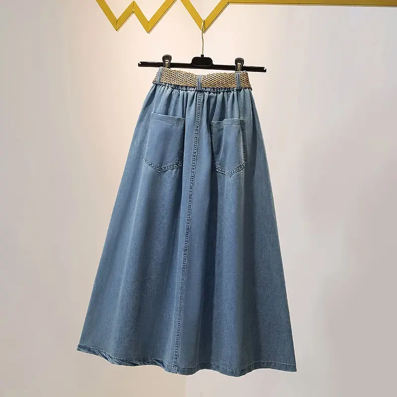 Летняя женская джинсовая юбка средней длины, новинка 2024, облегающая юбка-трапеция с завышенной талией и пуговицами, модная Свободная юбка в Корейском стиле