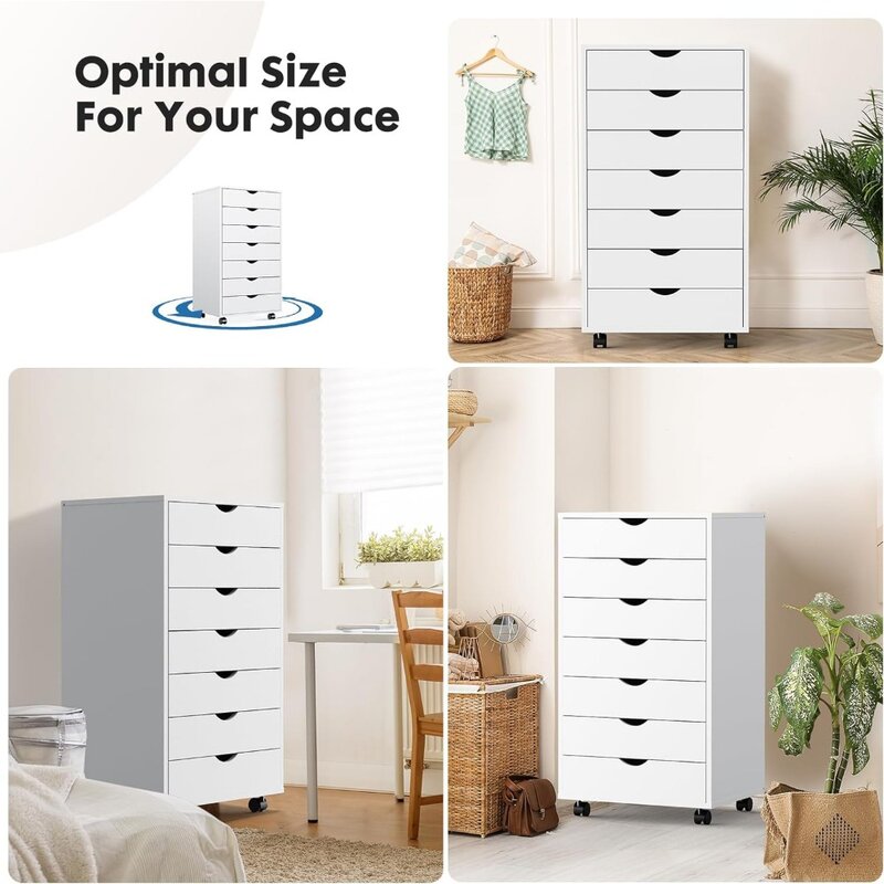 File Cabinet 7 Drawer Chest Wood Rolling Organization Storage Dresser with Wheels for Home Office, White File Cabinet