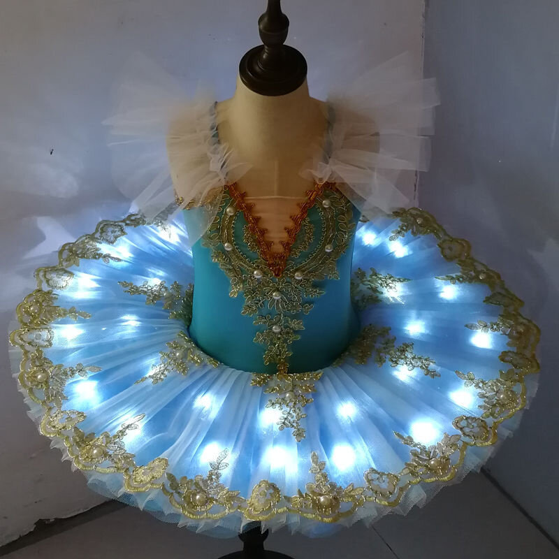 Trajes de dança com luz LED, panqueca tutu para mulheres, vestido bailarina do Lago dos Cisnes para menina, adulto e criança