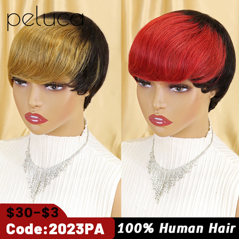 Pelucas de cabello humano brasileño Remy para mujeres negras, pelo corto y liso de Color Natural, corte Pixie, barato, Marrón degradado