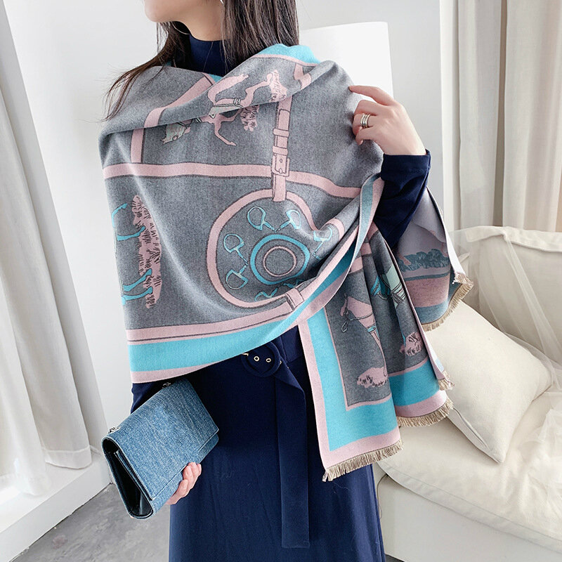 Kaszmirowy damski szal ciepły zimowy Pashmina Foulard szale okłady dla pań luksusowy łańcuszek drukuj chusty z bandaną 2021 Fashion