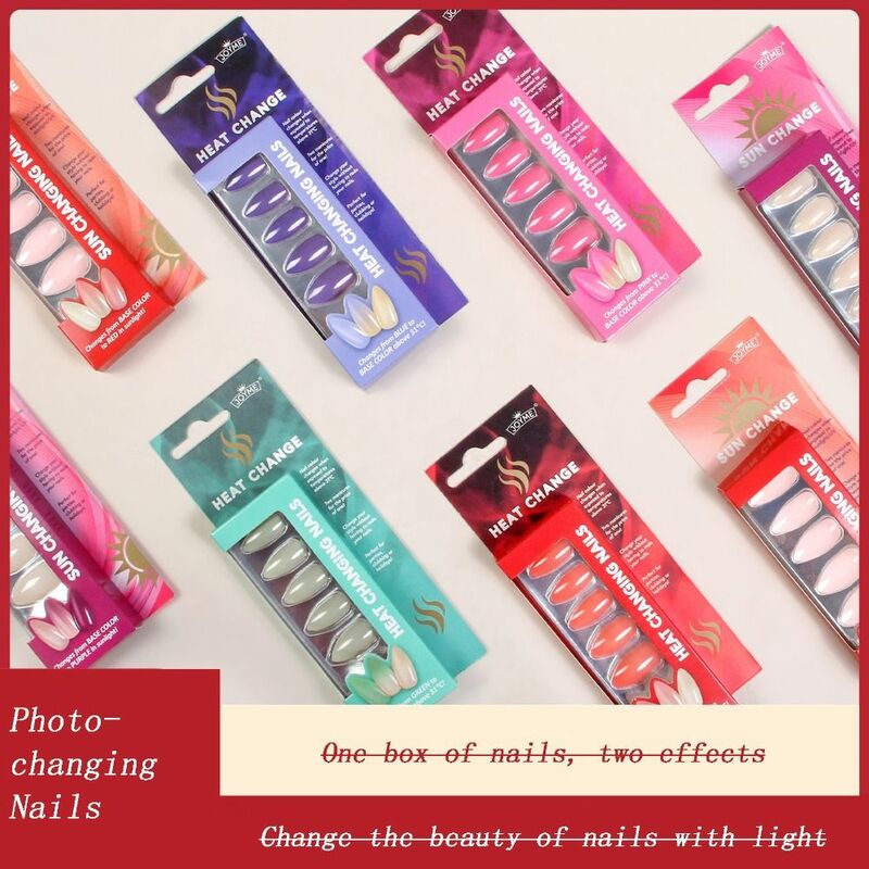 24pcs Almond Fake Nail UV Light Changes Color Press on Nails False Nails Nude Color Nail Tips Temperature Change Color Wear Nail