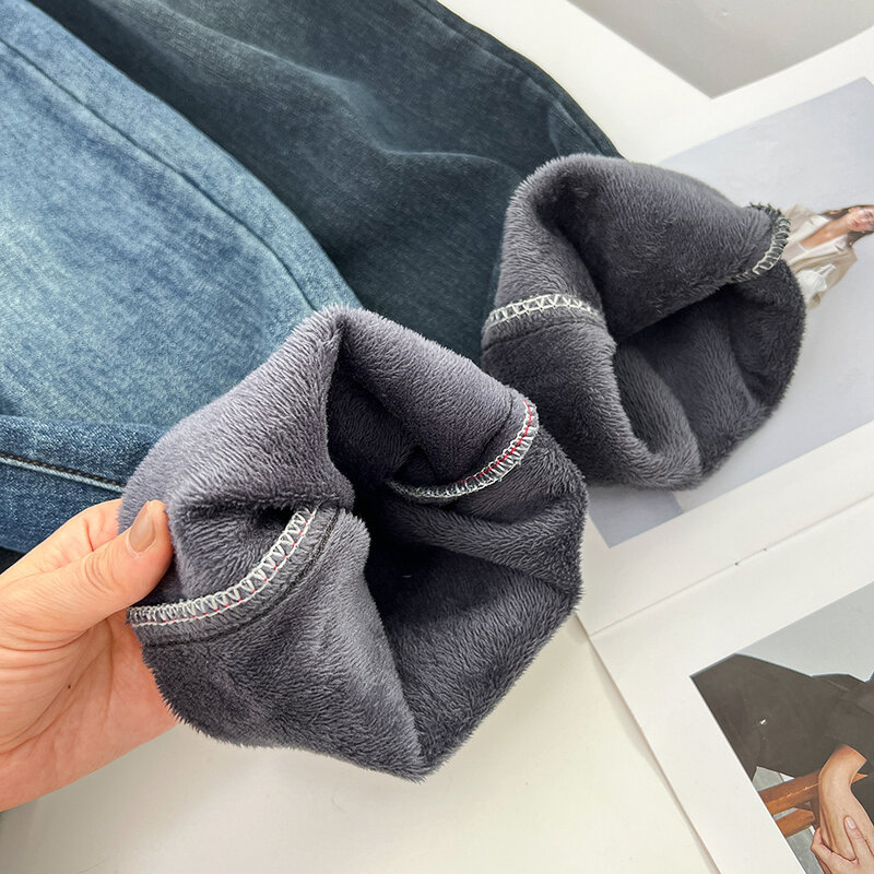 Calça feminina harém jeans stretch com cordão de lã, jeans casual branqueada no comprimento do tornozelo, plus size, inverno, 100kg, 1748
