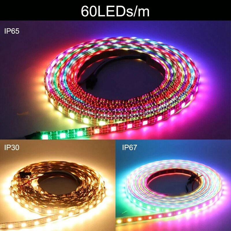Fita LED RGB endereçável individualmente, Pixels inteligentes, Luz LED, Preto, Branco, PCB, Impermeável, DC5V, WS2812B, 5050, IP30, 65, 67