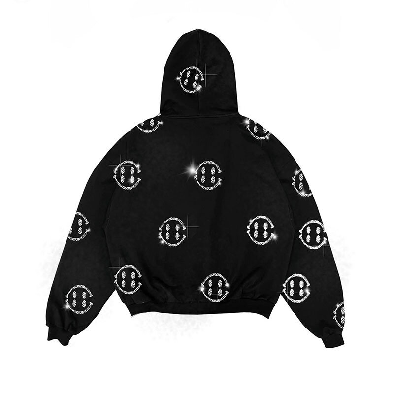 Autumn And Winter Smiley Face Rhinestone Hooded Sports Sweater Gothic Sweatshirt Unisex Casual Street Black