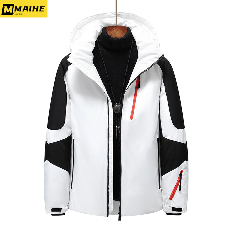 2023 Winter Warm Down Coat Men's Short Color Blocking Hooded Thickened Coat Couple White Duck Down Filling Men's Clothing