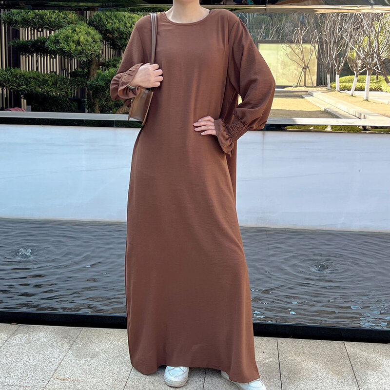 Длинное однотонное платье-комбинация под абайю, мусульманская одежда с дымчатыми манжетами, мусульманская женская Повседневная скромная хиджаби-одежда Дубая, Тюрка