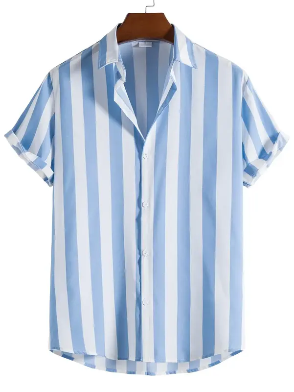 남성용 수직 줄무늬 셔츠, 그래픽 3D 프린트 셔츠, 반팔 상의, 느슨한 캐주얼 하와이안 셔츠, 스트리트웨어, 여름 의류