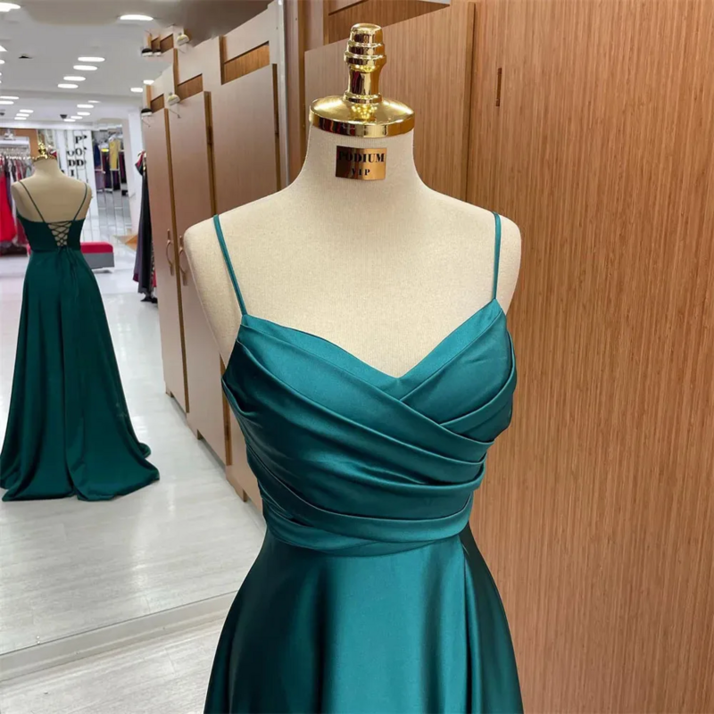 Benutzer definierte drak grün eine Linie formelle Kleider V-Ausschnitt Falten Party kleid für Hochzeit Spaghetti träger besonderen Anlass Kleid Robe Soirée