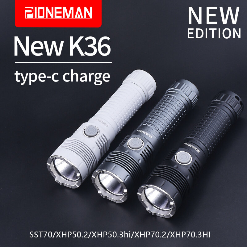 PIONEMAN K36-c 하이라이트 손전등, C타입 직접 충전, XHP70.3HI, 신제품