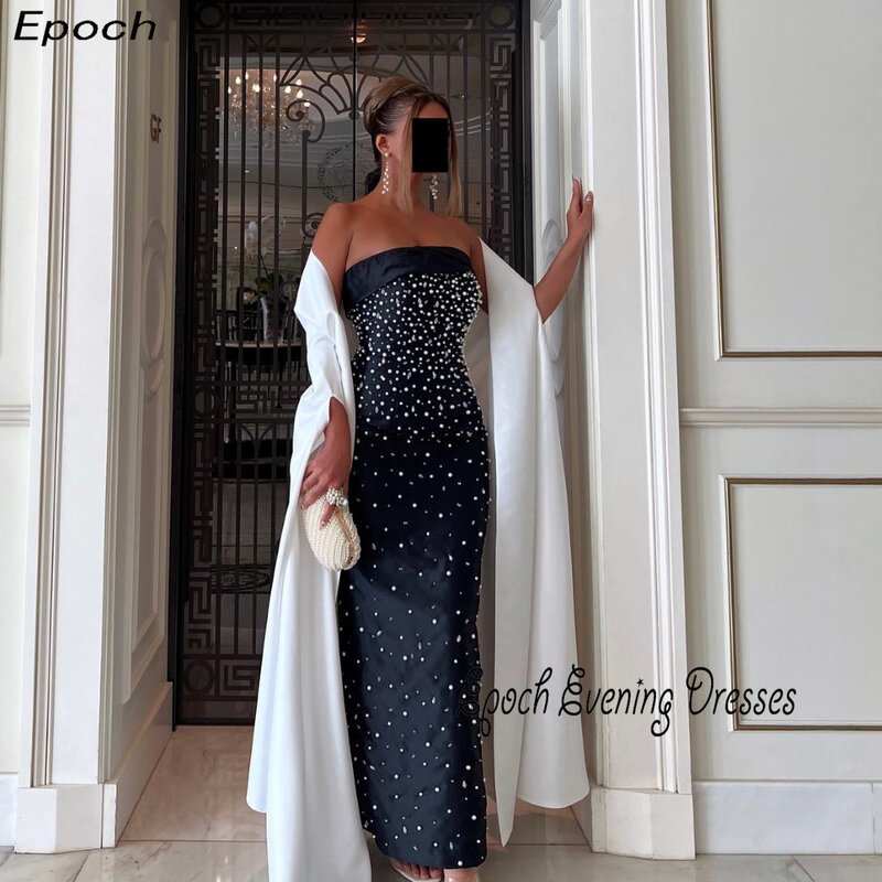 Suknia wieczorowa 2024 nowa arabska syrenka elegancka bez ramiączek błyszczące perły do kostek kobiety seksowna czarna suknia koktajlowa, balowa