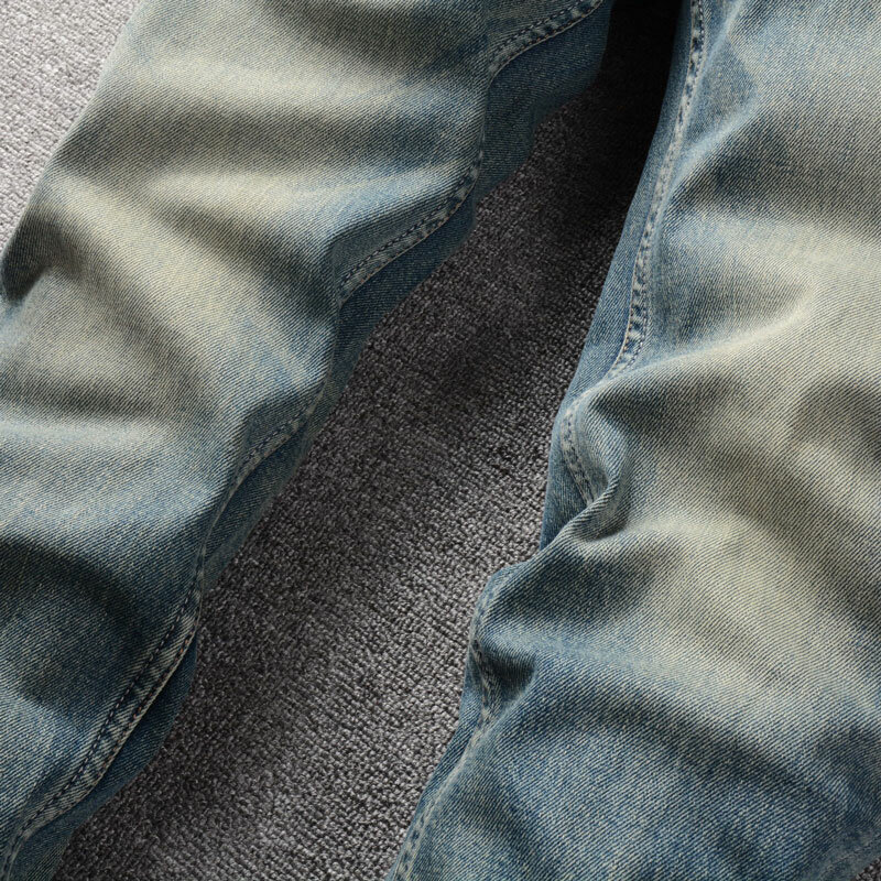 クラシックなメンズジーンズ,レトロなブルーの伸縮性のあるタイトなクラシックスタイルのパンツ