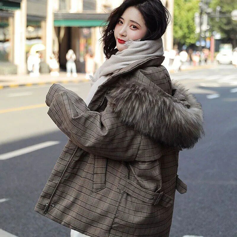 Jaket bulu kerah besar wanita, Luaran kotak-kotak berkerudung panjang, pakaian katun hangat tebal musim gugur dan dingin